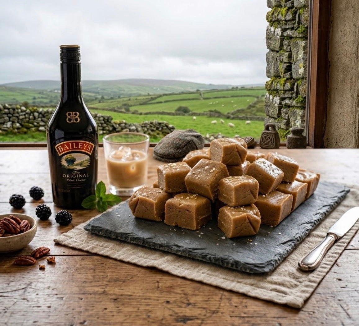 Handmade Baileys fudge in a Connemara cottage kitchen overlooking stone walls and green fields